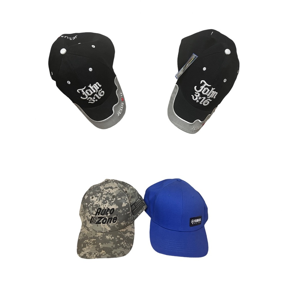Baseball hats, NWOT 2 -John 3:16, 1 Blue Yamaha Racing, 1 cammo Auto Zone, lot/4